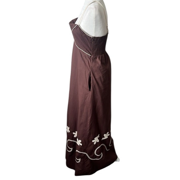 Mon Renn Brown Cream Embroidered Smock Back Midi Sundress Pockets US Large - Picture 5 of 14